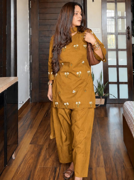 Embroidered Cotton Suit Set with Straight Pant and Malmal Dupatta