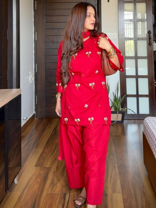 Embroidered Cotton Suit Set with Straight Pant and Malmal Dupatta