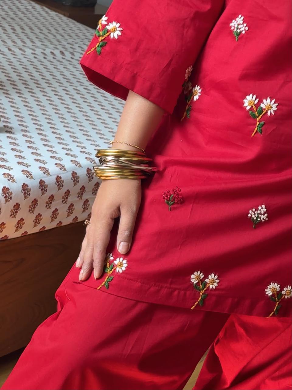 Embroidered Cotton Suit Set with Straight Pant and Malmal Dupatta