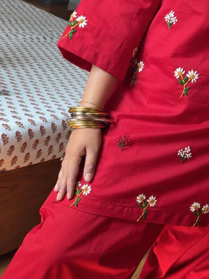 Embroidered Cotton Suit Set with Straight Pant and Malmal Dupatta