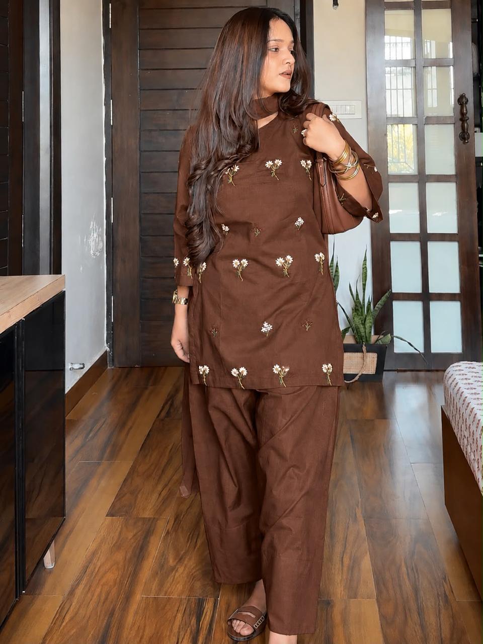 Embroidered Cotton Suit Set with Straight Pant and Malmal Dupatta