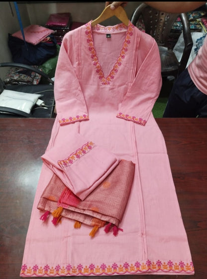 Embroidered Kurti Set with Cotton Pant & Linen Butta Dupatta