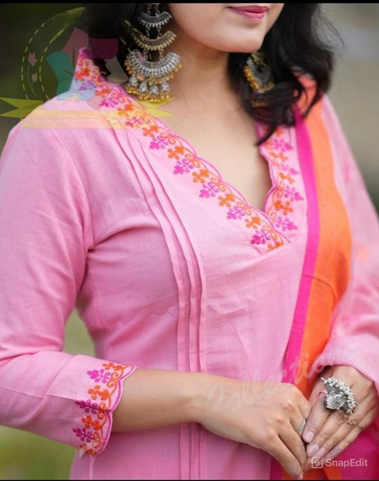 Embroidered Kurti Set with Cotton Pant & Linen Butta Dupatta