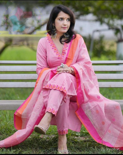 Embroidered Kurti Set with Cotton Pant & Linen Butta Dupatta