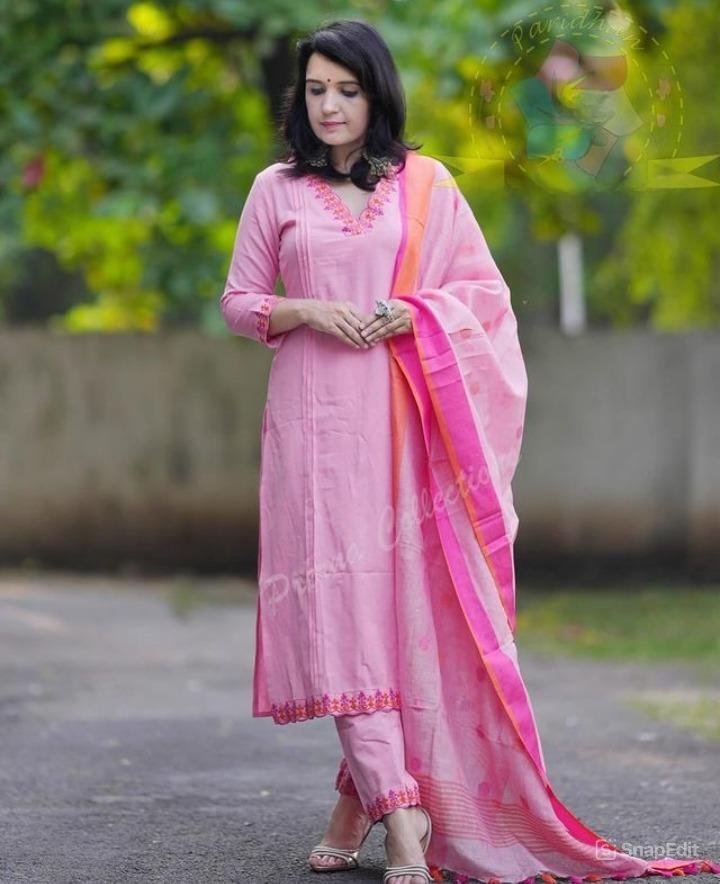 Embroidered Kurti Set with Cotton Pant & Linen Butta Dupatta
