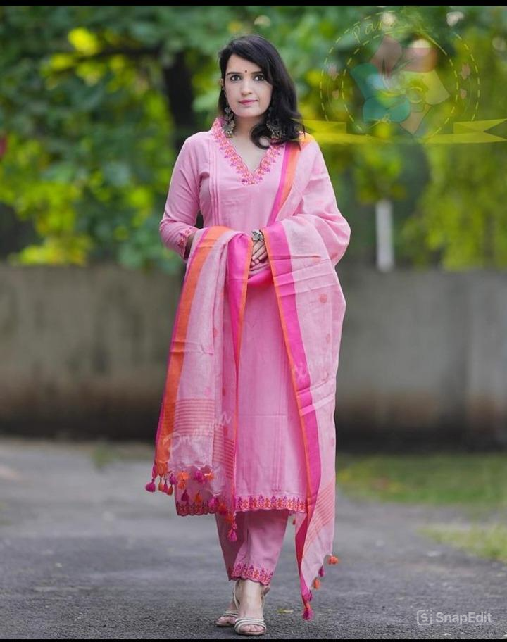 Embroidered Kurti Set with Cotton Pant & Linen Butta Dupatta