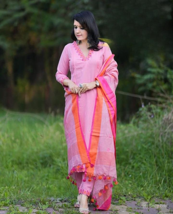 Embroidered Kurti Set with Cotton Pant & Linen Butta Dupatta