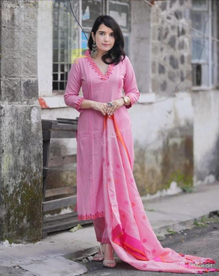 Embroidered Kurti Set with Cotton Pant & Linen Butta Dupatta