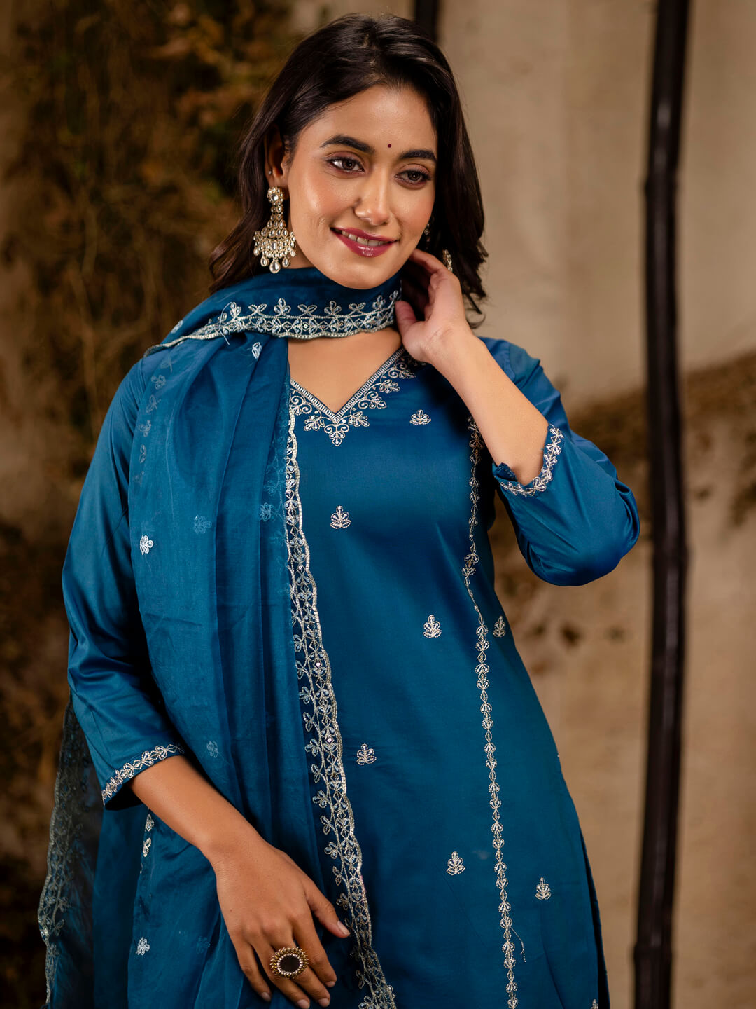 Embroidered Silk Blend Kurta Trouser Set with Organza Dupatta