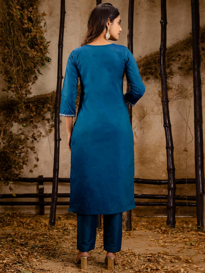 Embroidered Silk Blend Kurta Trouser Set with Organza Dupatta