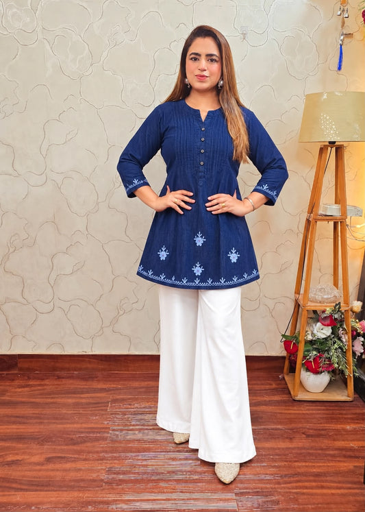 Embroidered Silky Denim Kurti with White Linen Pant Set for Women