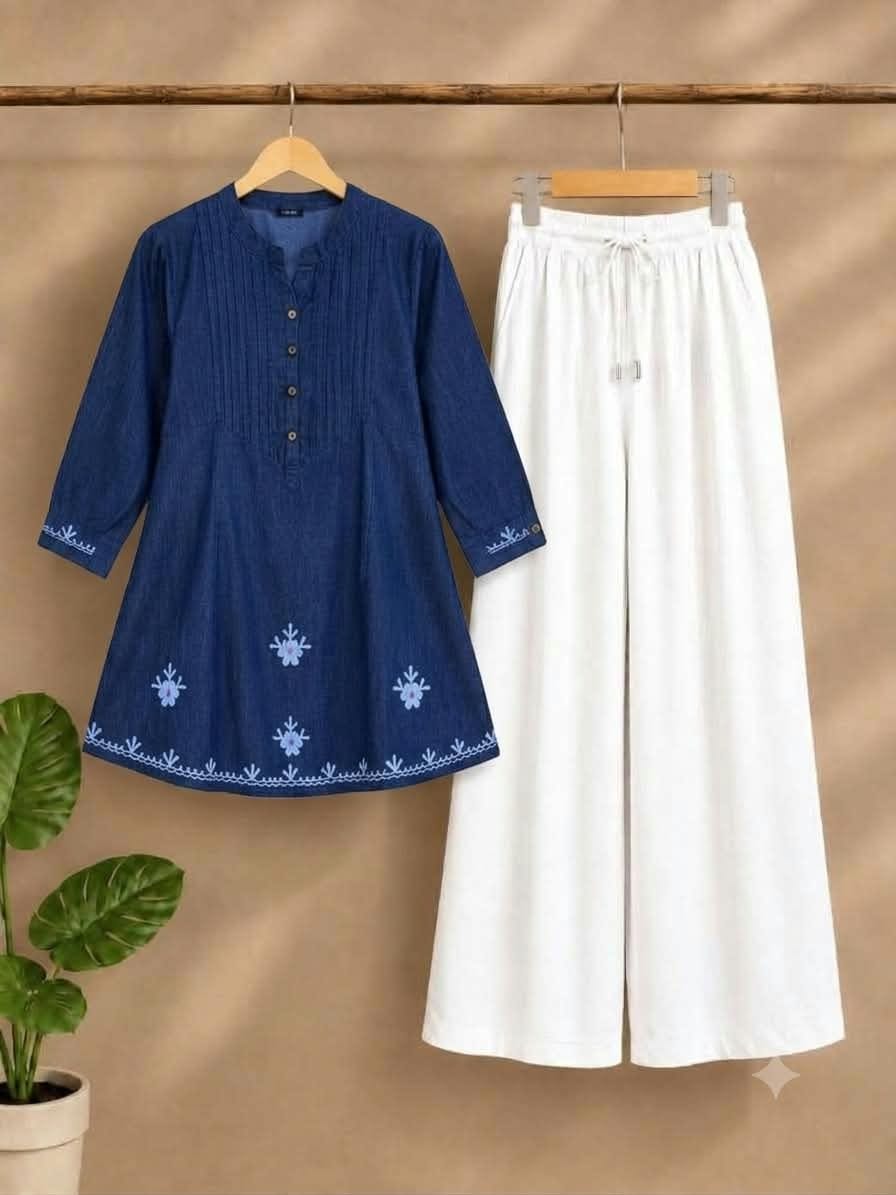 Embroidered Silky Denim Kurti with White Linen Pant Set for Women
