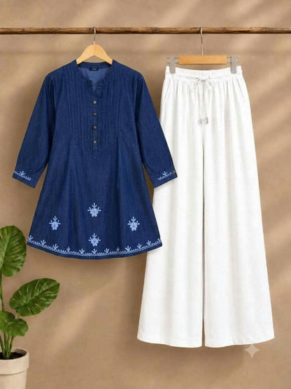 Embroidered Silky Denim Kurti with White Linen Pant Set for Women