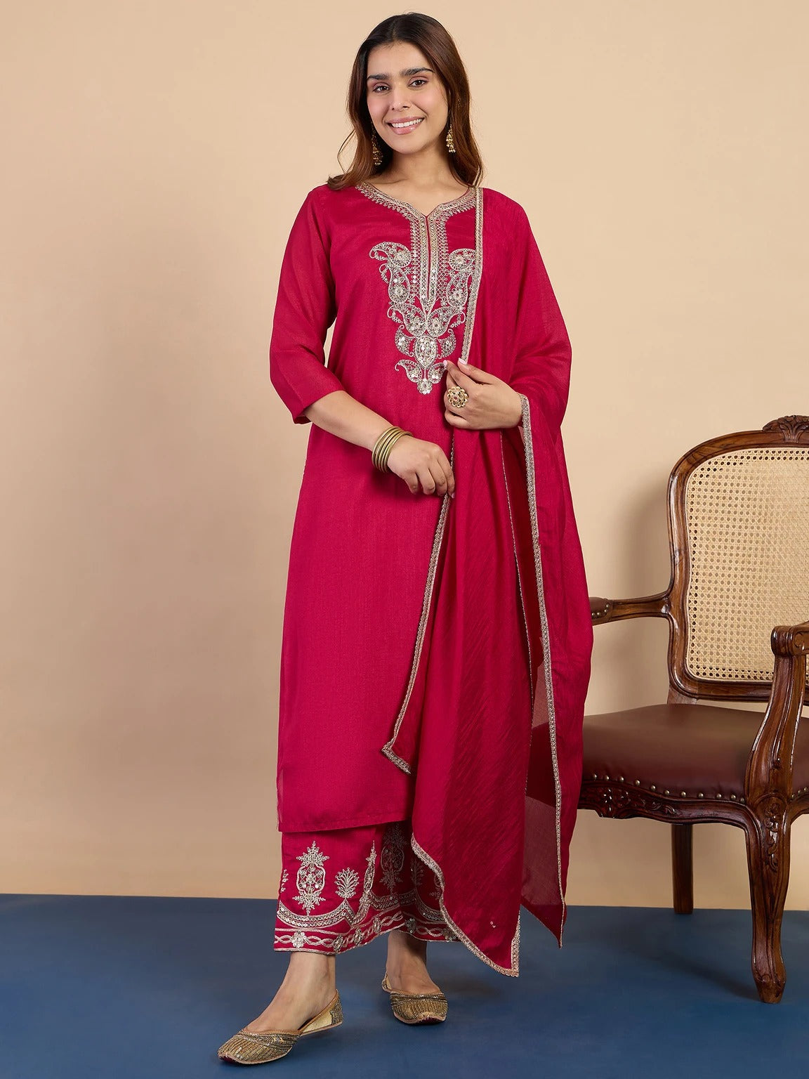 Embroidered Viscose Silk Blend Kurta Pant Set with Silk Dupatta for women