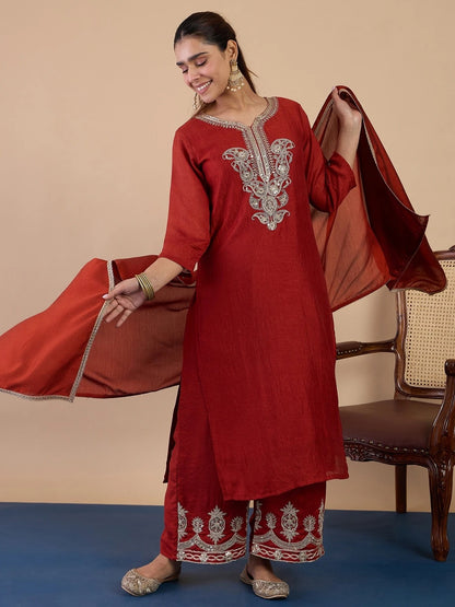 Embroidered Viscose Silk Blend Kurta Pant Set with Silk Dupatta for women