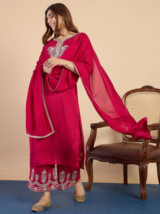 Embroidered Viscose Silk Blend Kurta Pant Set with Silk Dupatta for women