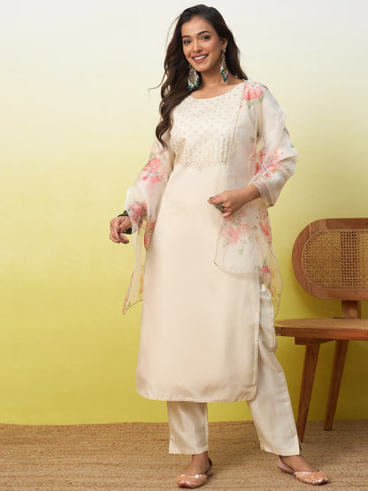 Embroidered Yoke Silk Blend Straight Kurta Pant Set with Organza Dupatta