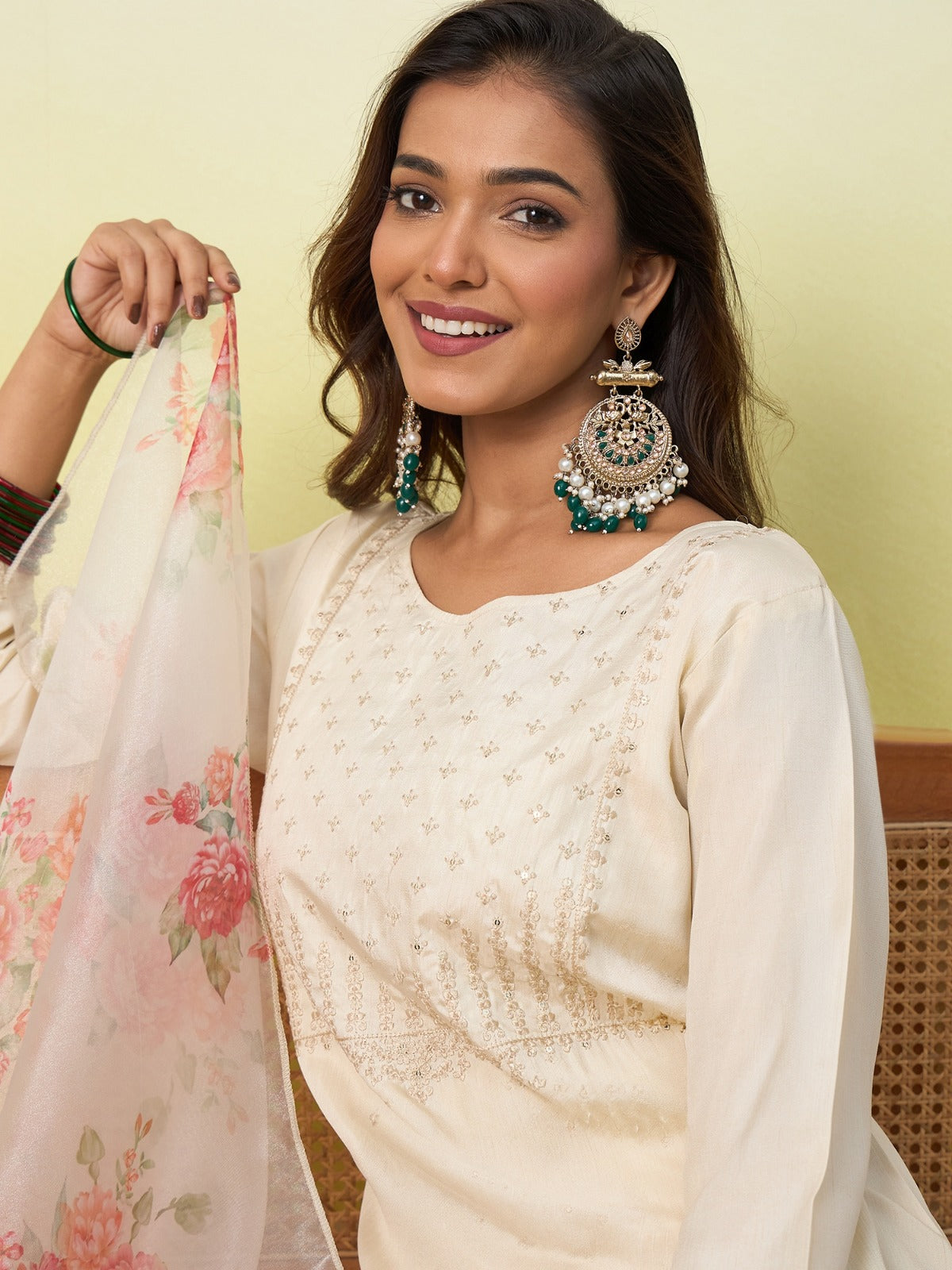 Embroidered Yoke Silk Blend Straight Kurta Pant Set with Organza Dupatta