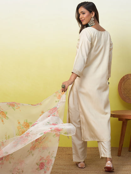 Embroidered Yoke Silk Blend Straight Kurta Pant Set with Organza Dupatta