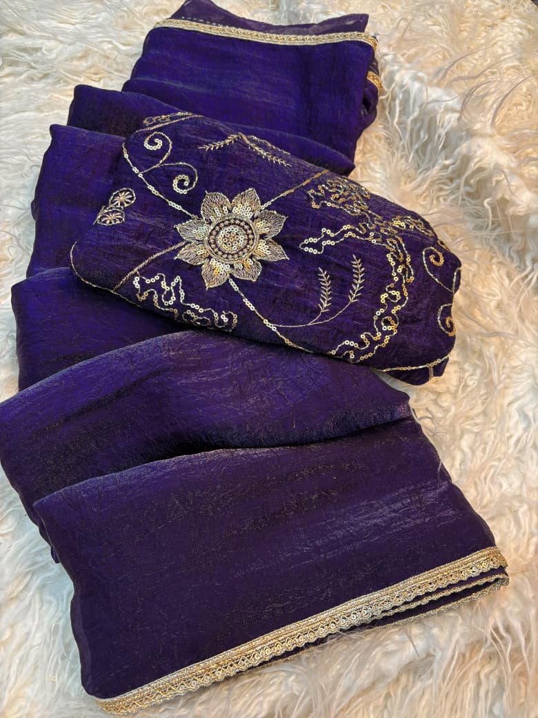 Fancy Crush Satin Saree with Lace & Beads Work Blouse