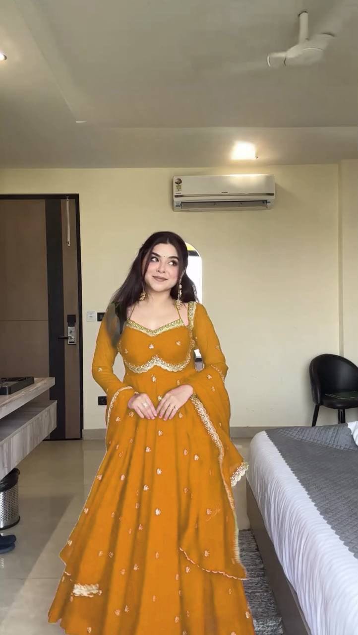 Faux Georgette Anarkali Suit Set with Sequins & Lace Dupatta