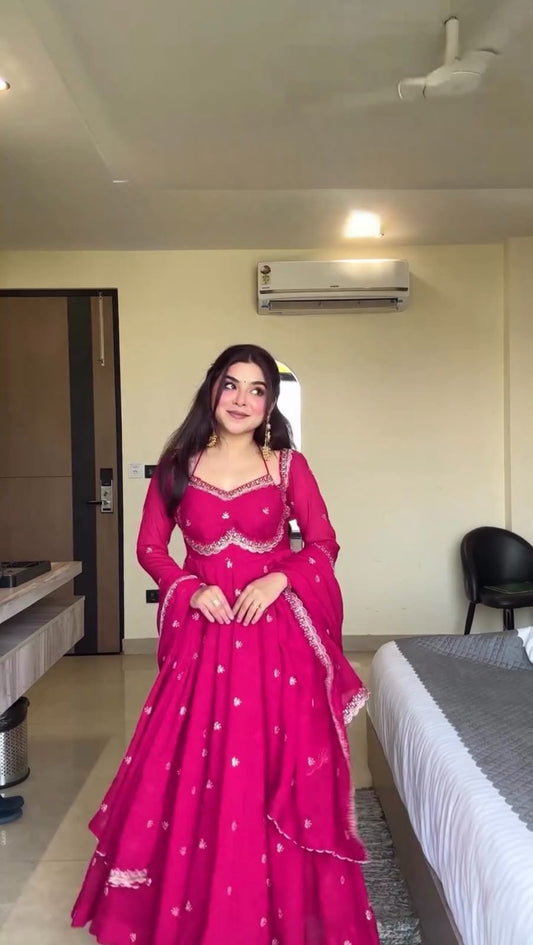 Faux Georgette Anarkali Suit Set with Sequins & Lace Dupatta