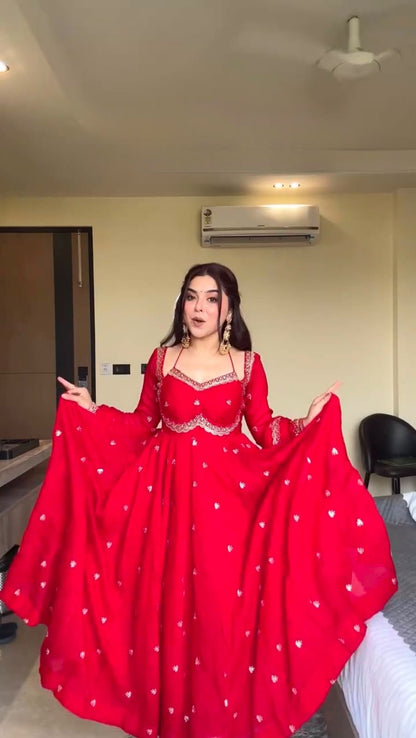 Faux Georgette Anarkali Suit Set with Sequins & Lace Dupatta