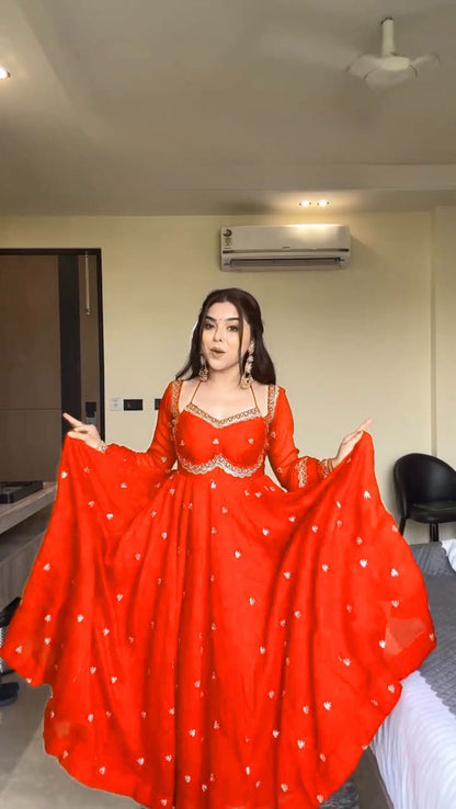 Title Faux Georgette Anarkali Suit Set with Sequins & Lace Dupatta