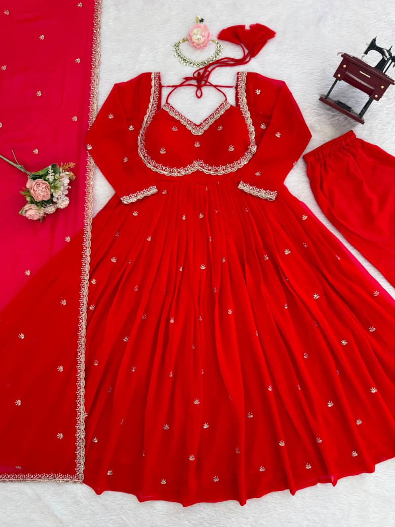 Faux Georgette Anarkali Suit Set with Sequins & Lace Dupatta