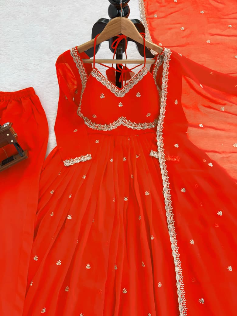 Title Faux Georgette Anarkali Suit Set with Sequins & Lace Dupatta