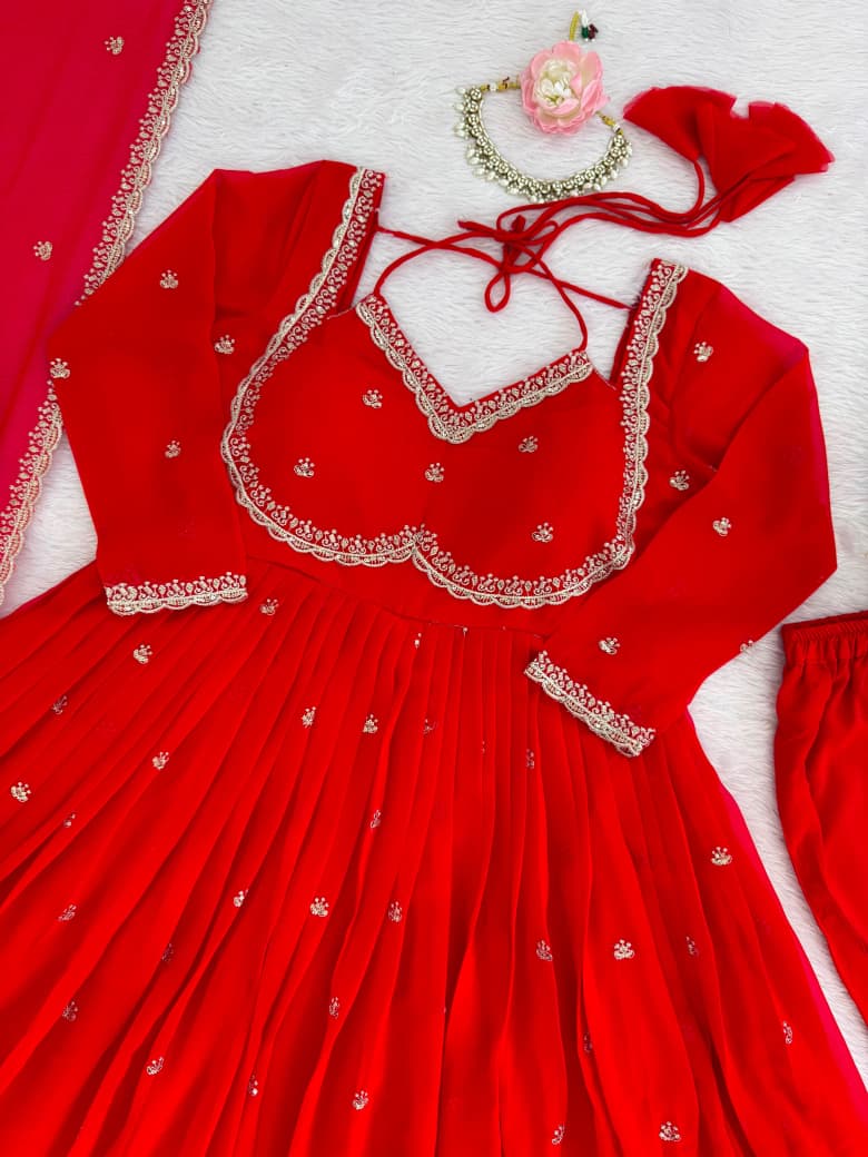 Faux Georgette Anarkali Suit Set with Sequins & Lace Dupatta