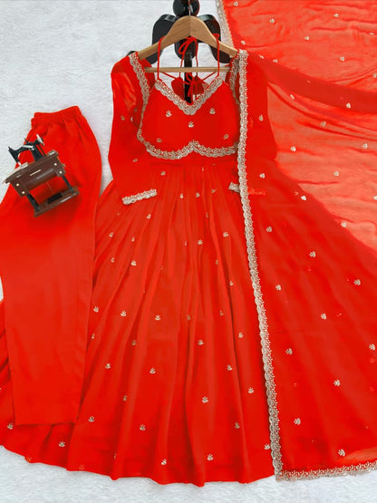 Title Faux Georgette Anarkali Suit Set with Sequins & Lace Dupatta