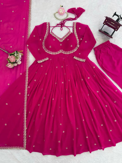 Faux Georgette Anarkali Suit Set with Sequins & Lace Dupatta