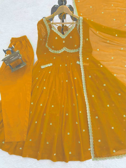 Faux Georgette Anarkali Suit Set with Sequins & Lace Dupatta