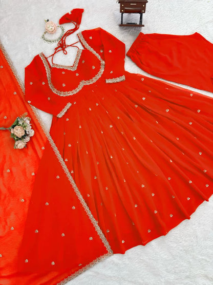 Title Faux Georgette Anarkali Suit Set with Sequins & Lace Dupatta