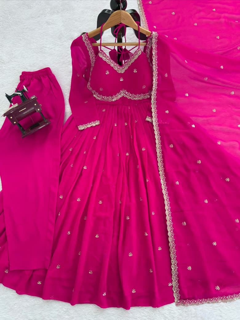 Faux Georgette Anarkali Suit Set with Sequins & Lace Dupatta
