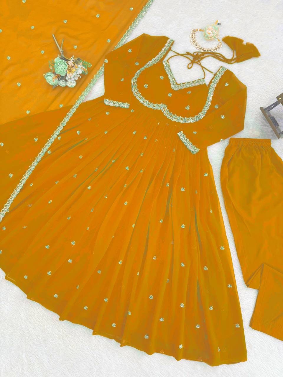 Faux Georgette Anarkali Suit Set with Sequins & Lace Dupatta