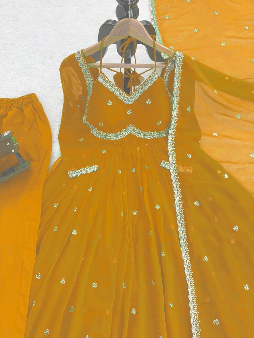 Faux Georgette Anarkali Suit Set with Sequins & Lace Dupatta