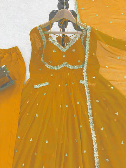 Faux Georgette Anarkali Suit Set with Sequins & Lace Dupatta