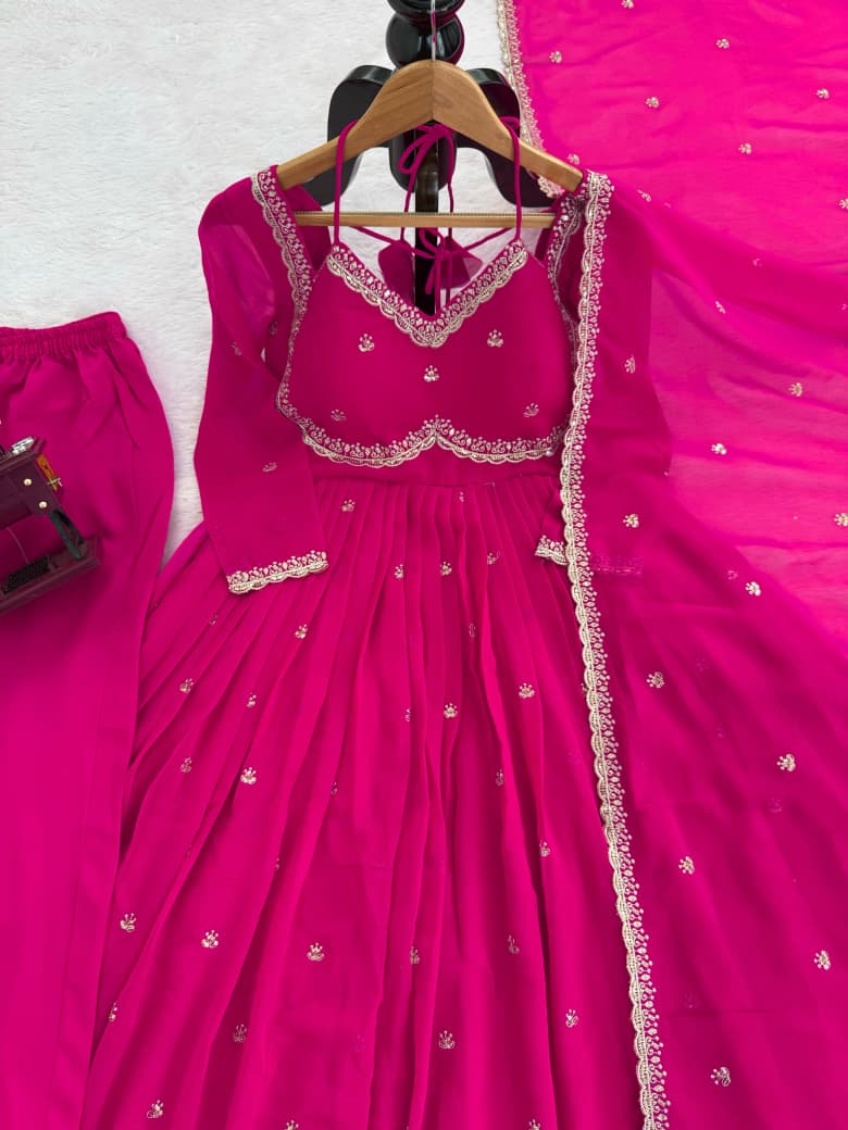 Faux Georgette Anarkali Suit Set with Sequins & Lace Dupatta