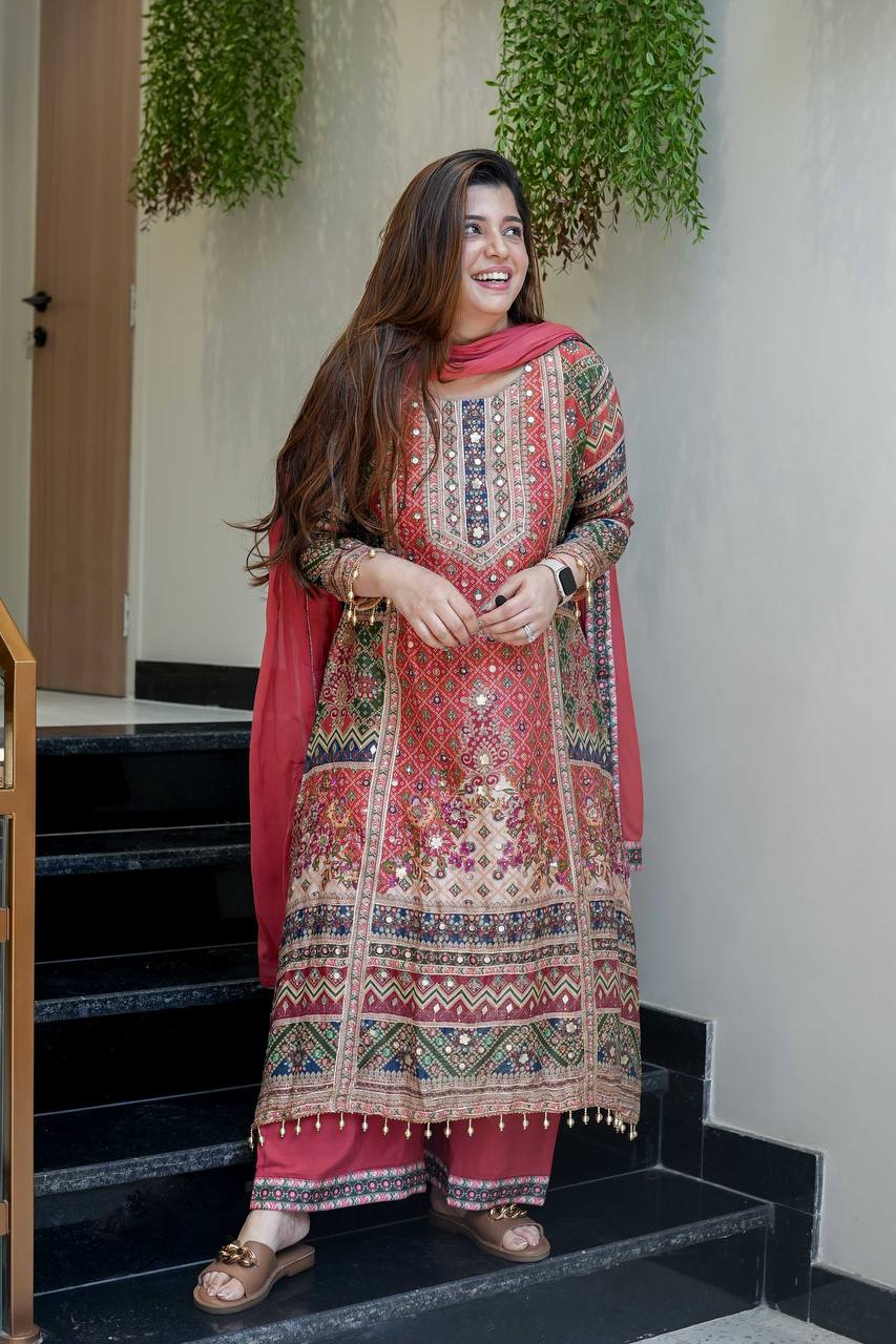 Faux Georgette Embroidered Sequence Work Kurti with Palazzo & Dupatta Set