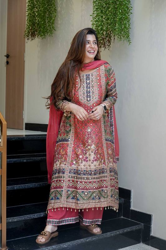 Faux Georgette Embroidered Sequence Work Kurti with Palazzo & Dupatta Set