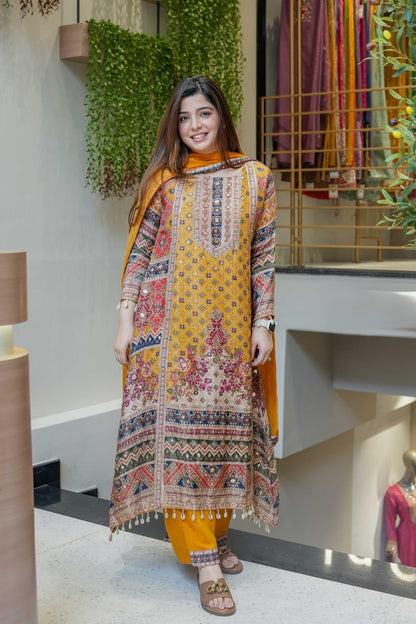 Faux Georgette Embroidered Sequence Work Kurti with Palazzo & Dupatta Set