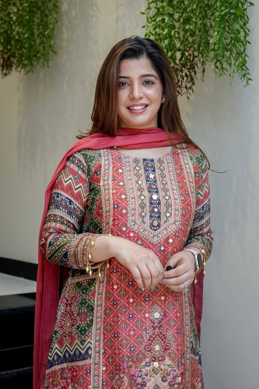 Faux Georgette Embroidered Sequence Work Kurti with Palazzo & Dupatta Set