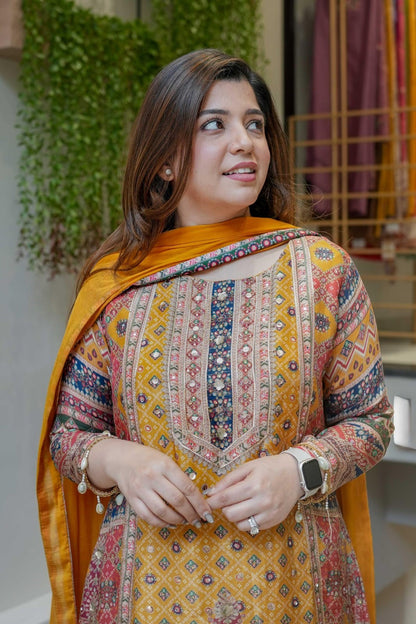 Faux Georgette Embroidered Sequence Work Kurti with Palazzo & Dupatta Set