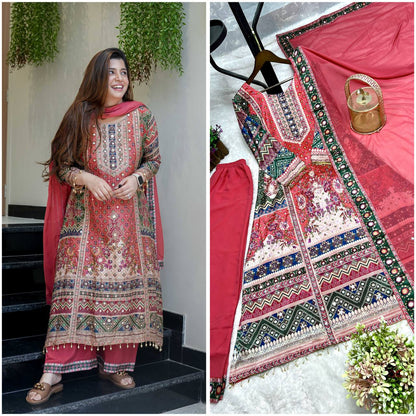 Faux Georgette Embroidered Sequence Work Kurti with Palazzo & Dupatta Set