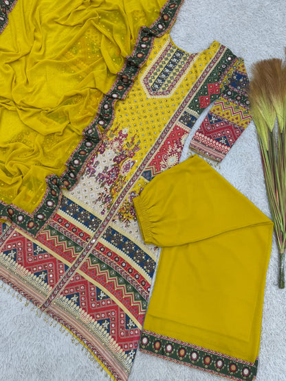 Faux Georgette Embroidered Sequence Work Kurti with Palazzo & Dupatta Set