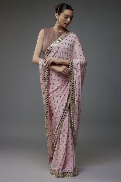 Faux Georgette Saree with 5MM Sequins Butti Work & Mirror Lace Border