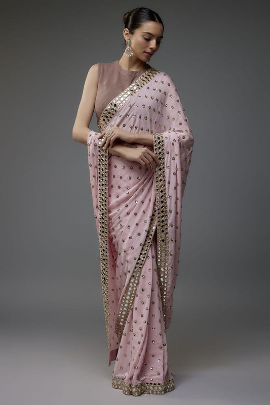 Faux Georgette Saree with 5MM Sequins Butti Work & Mirror Lace Border