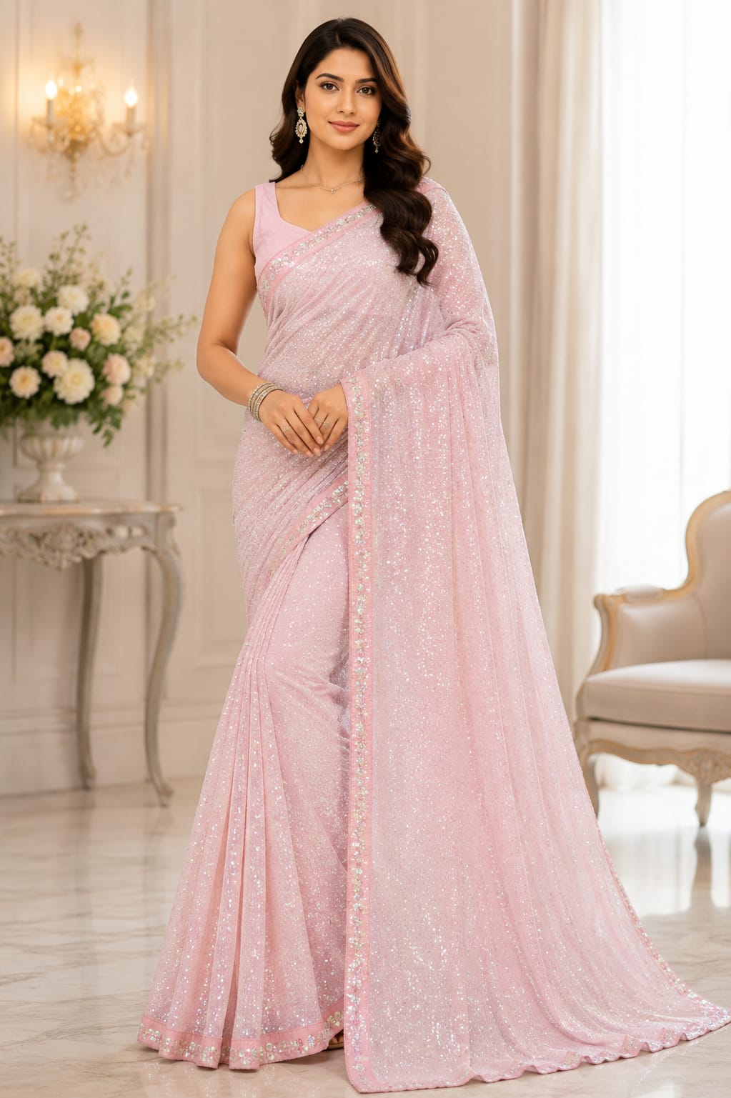 Faux Georgette Sequins Embroidered Saree with Silk Blouse